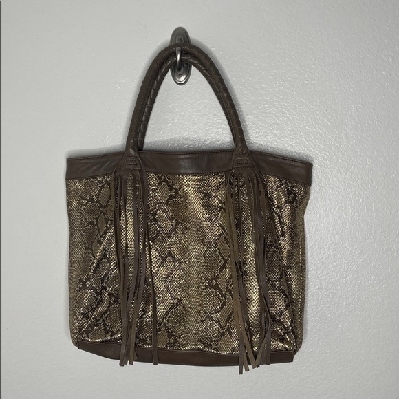 Malibu American Light Brown Leather Snake Skin Print Fringe Large Tote Bag - Picture 1 of 6